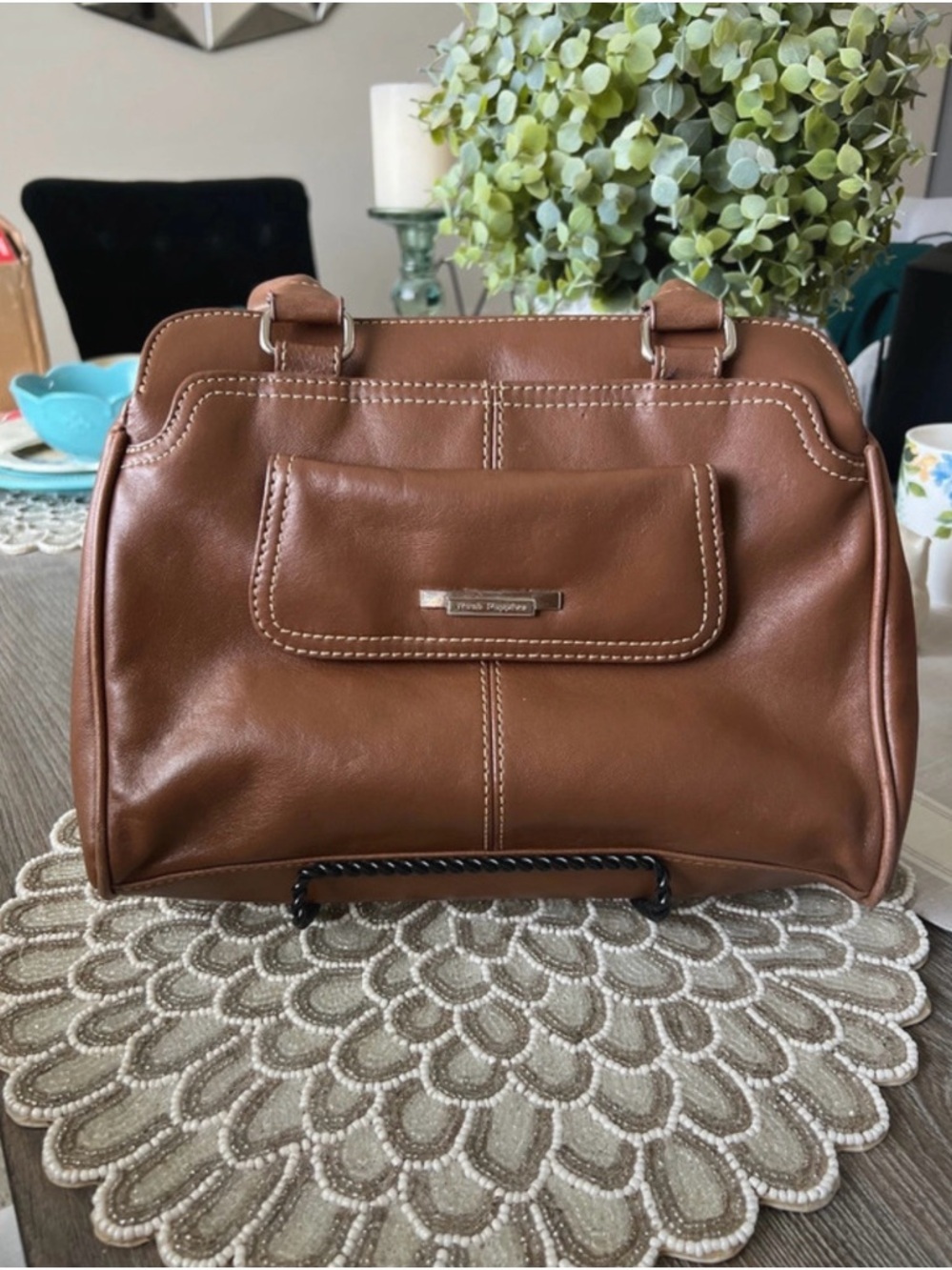 Hush Puppies Cognac Brown Leather Satchel with Front Flap